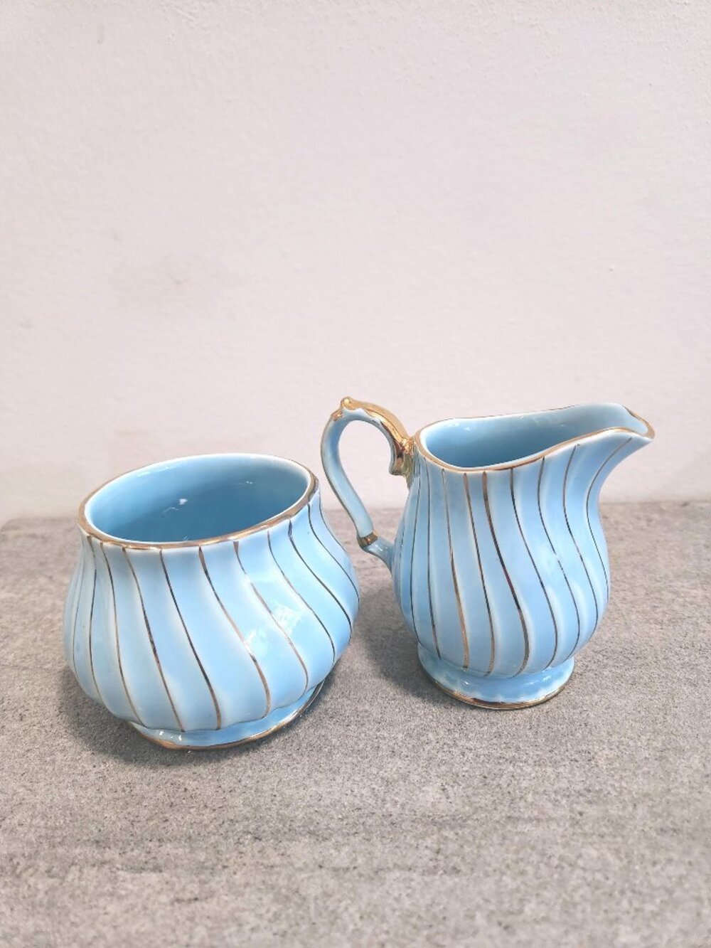 Sadler Blue Swirl Cream and Sugar Gold Gilt Accent Kitchen Decor